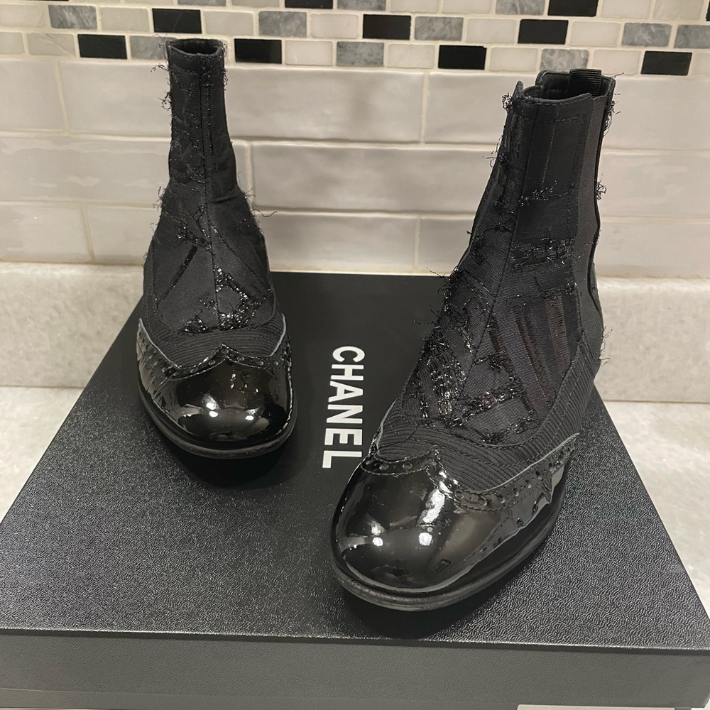 SOLD ELSEWHERE! Authentic Chanel Patent & Fabric Ankle Boots
